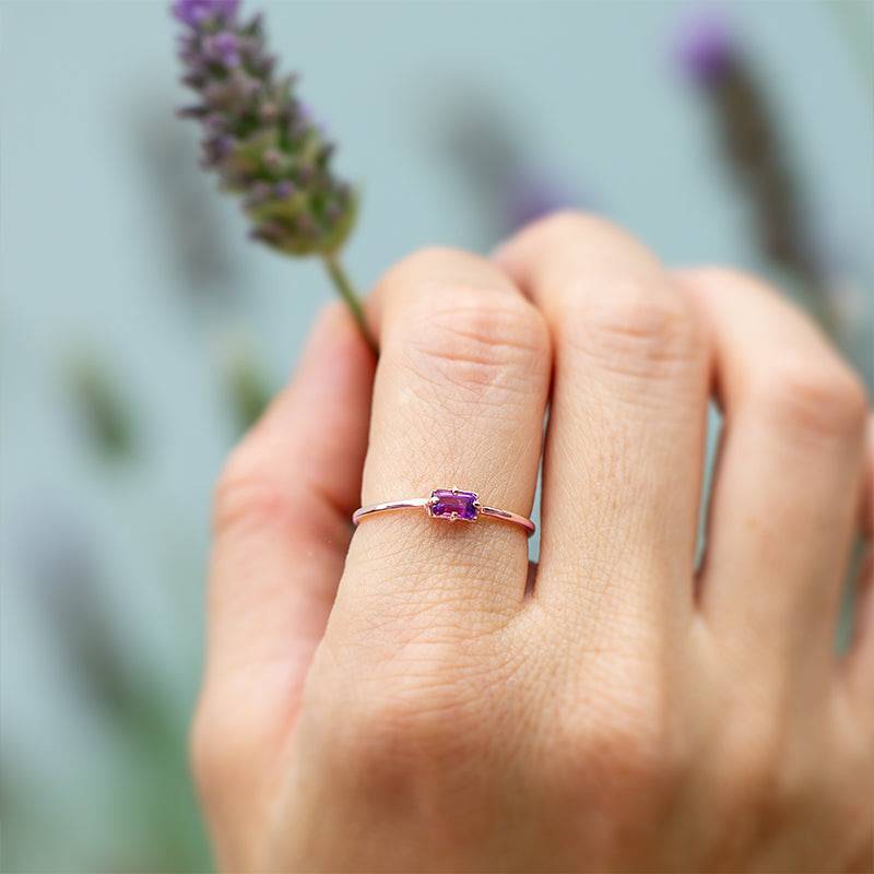Anel Solitário De Ouro Rosé 18K Feminino Ametista - Unvars